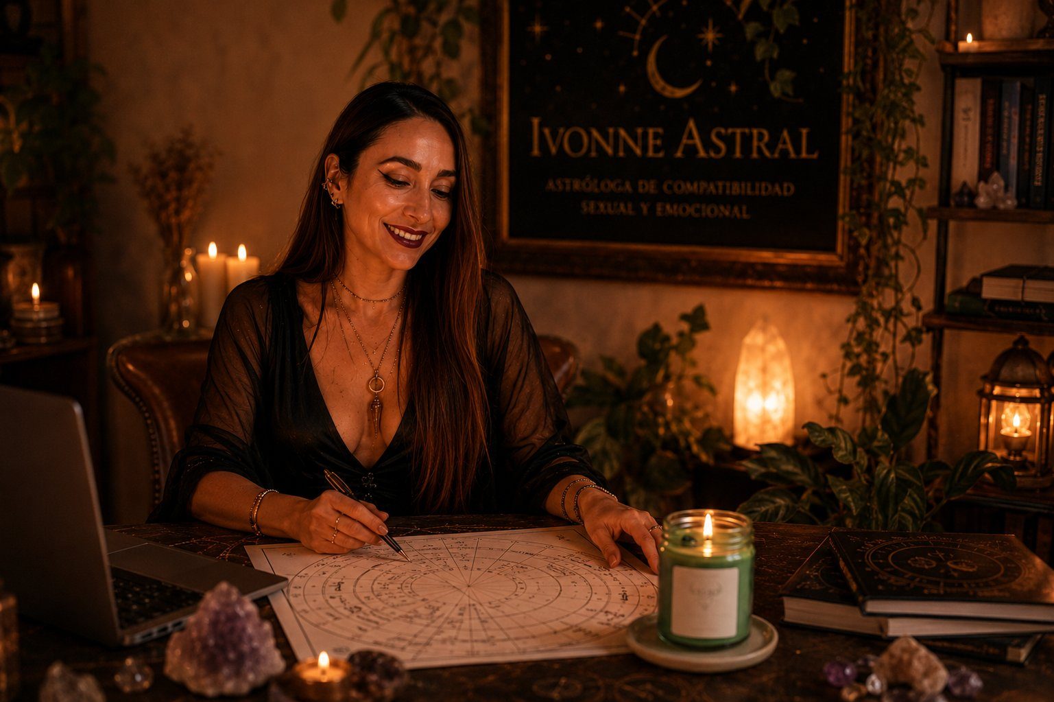 Ivonne Astral trazando una carta natal en su estudio